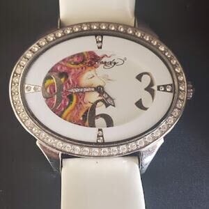 Ed Hardy Showgirl Women's Watch White Patent Leather Strap Silver Tone Crystals